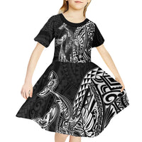 Hawaiian Whales Polynesian Art Motifs Kid Short Sleeve Dress Black Color - Polynesian Pride