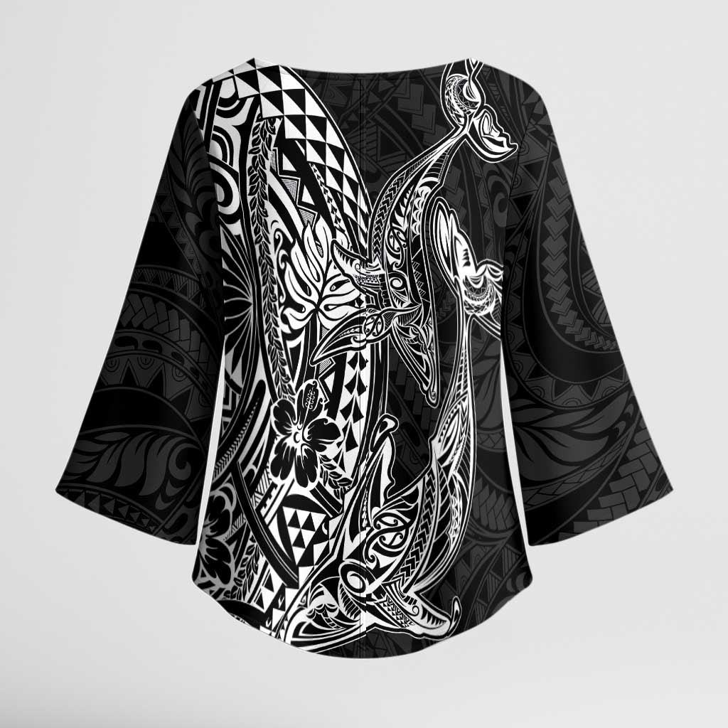 Hawaiian Whales Polynesian Art Motifs Kimono Sleeve Blouse Black Color - Polynesian Pride