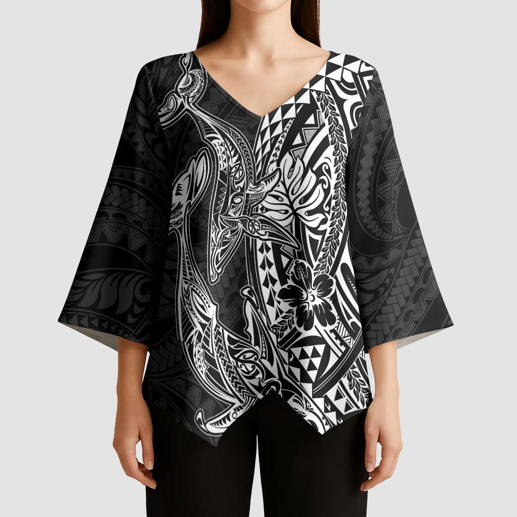 Hawaiian Whales Polynesian Art Motifs Kimono Sleeve Blouse Black Color - Polynesian Pride