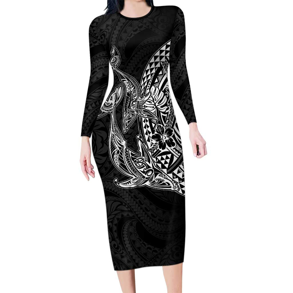 Hawaiian Whales Polynesian Art Motifs Long Sleeve Bodycon Dress Black Color - Polynesian Pride
