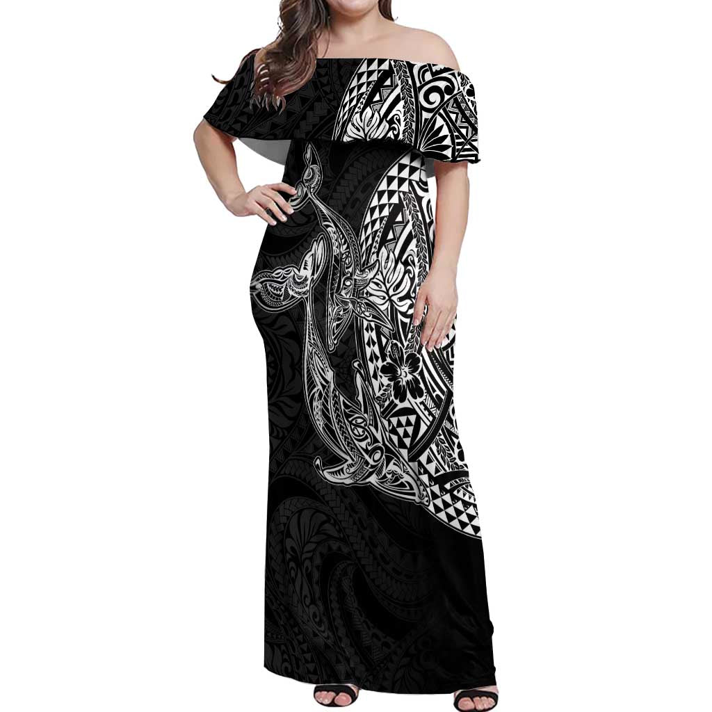 Hawaiian Whales Polynesian Art Motifs Off Shoulder Maxi Dress Black Color - Polynesian Pride