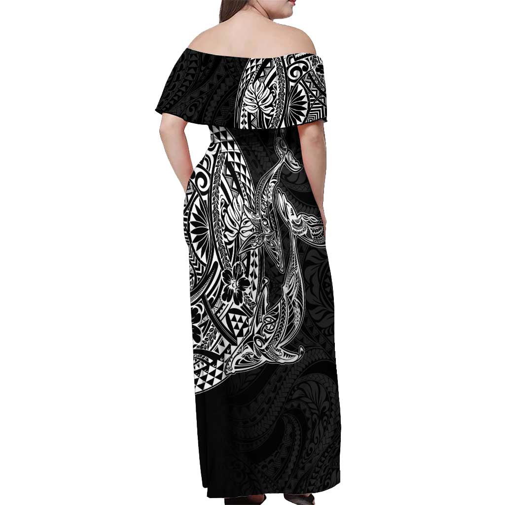 Hawaiian Whales Polynesian Art Motifs Off Shoulder Maxi Dress Black Color - Polynesian Pride
