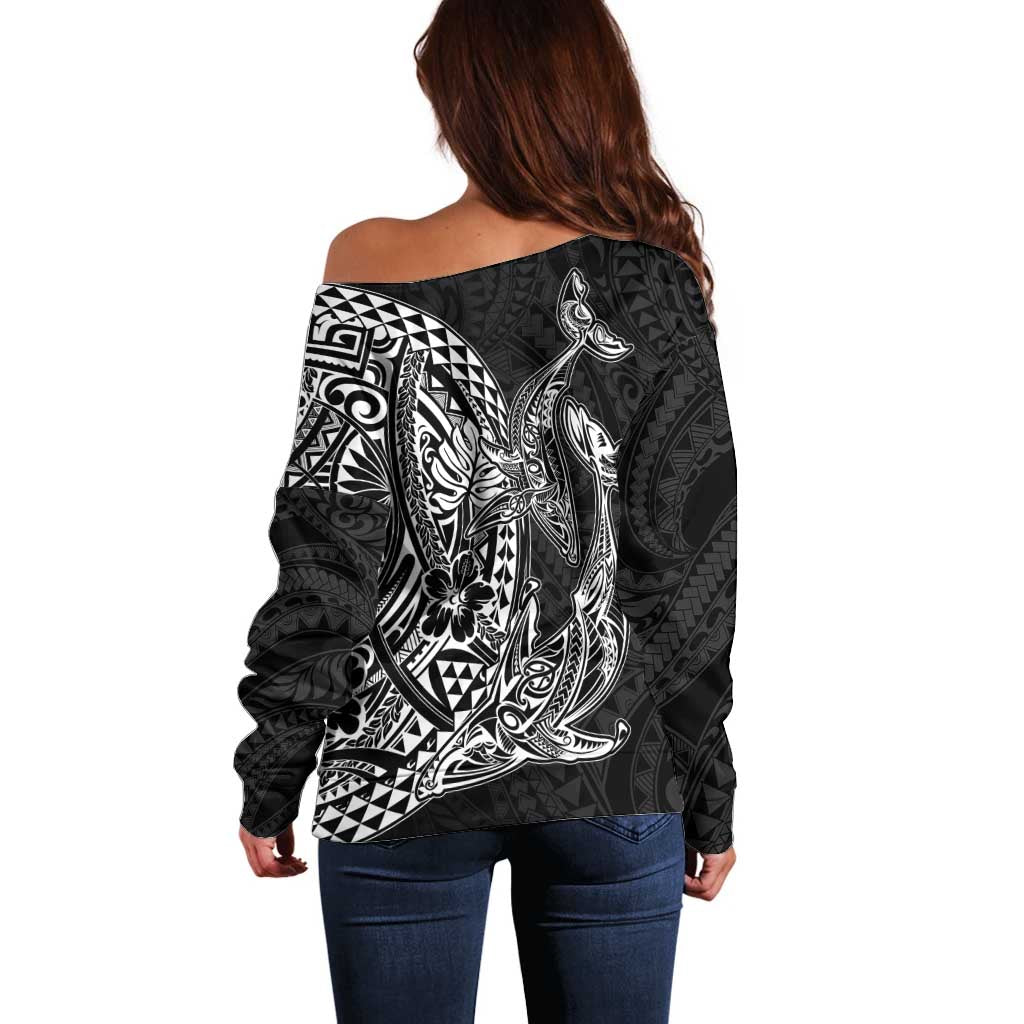 Hawaiian Whales Polynesian Art Motifs Off Shoulder Sweater Black Color - Polynesian Pride