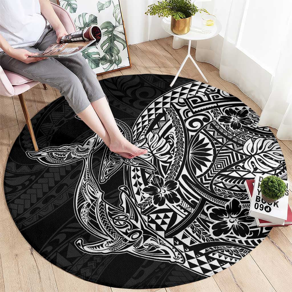 Hawaiian Whales Polynesian Art Motifs Round Carpet Black Color - Polynesian Pride