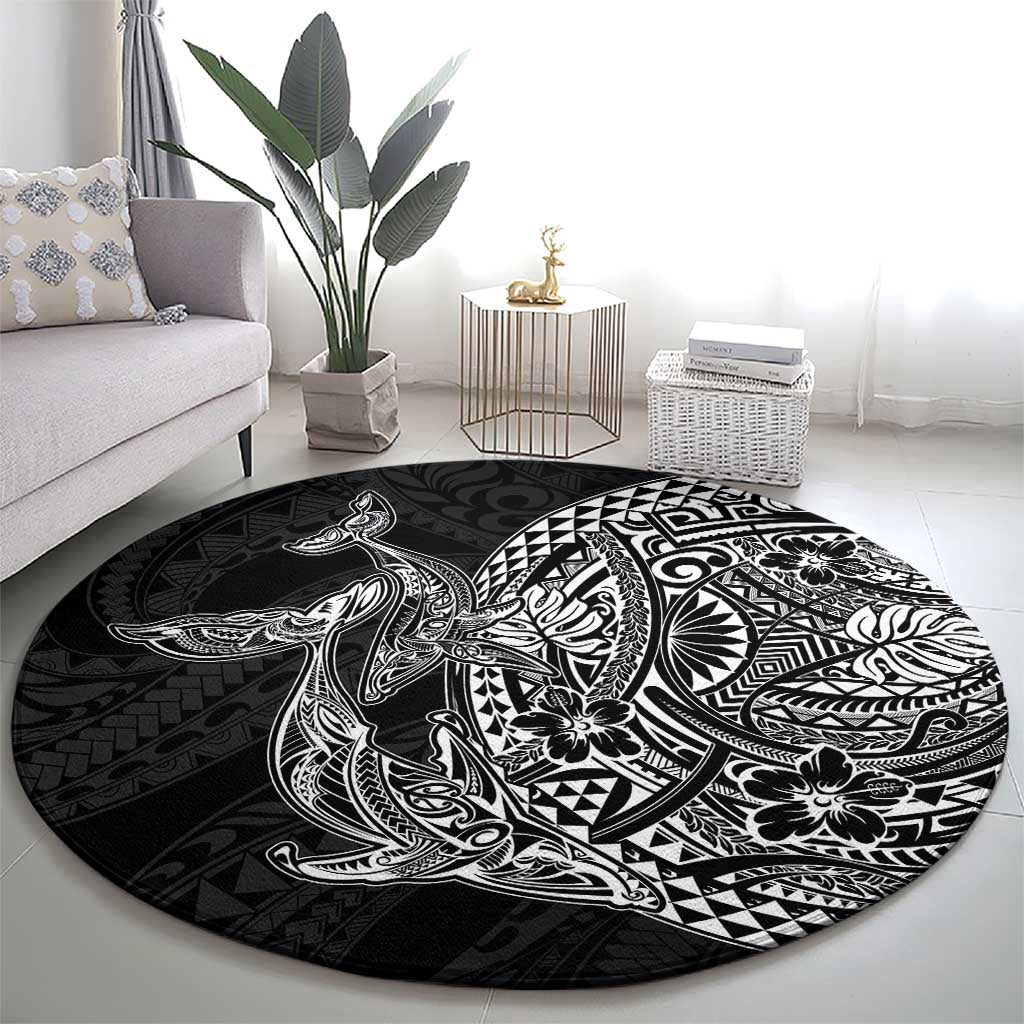 Hawaiian Whales Polynesian Art Motifs Round Carpet Black Color - Polynesian Pride