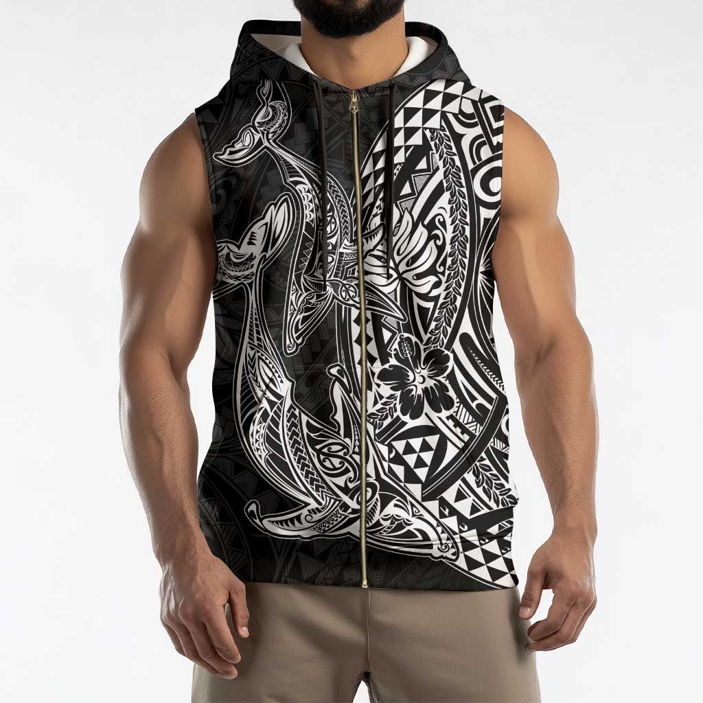 Hawaiian Whales Polynesian Art Motifs Sleeveless Zip Hoodie Black Color - Polynesian Pride