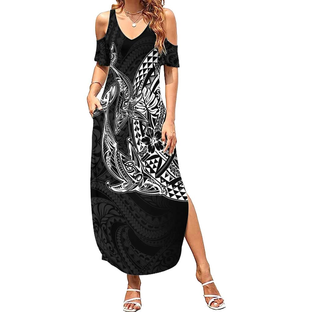 Hawaiian Whales Polynesian Art Motifs Summer Maxi Dress Black Color - Polynesian Pride