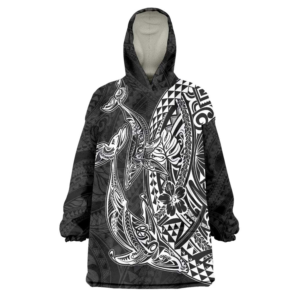 Hawaiian Whales Polynesian Art Motifs Wearable Blanket Hoodie Black Color - Polynesian Pride