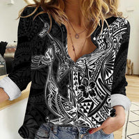 Hawaiian Whales Polynesian Art Motifs Women Casual Shirt Black Color - Polynesian Pride