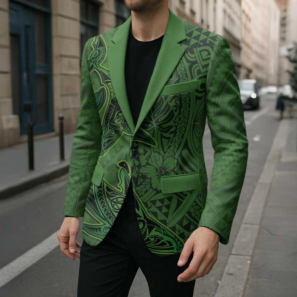 Hawaiian Whales Polynesian Art Motifs Blazer Green Color - Polynesian Pride