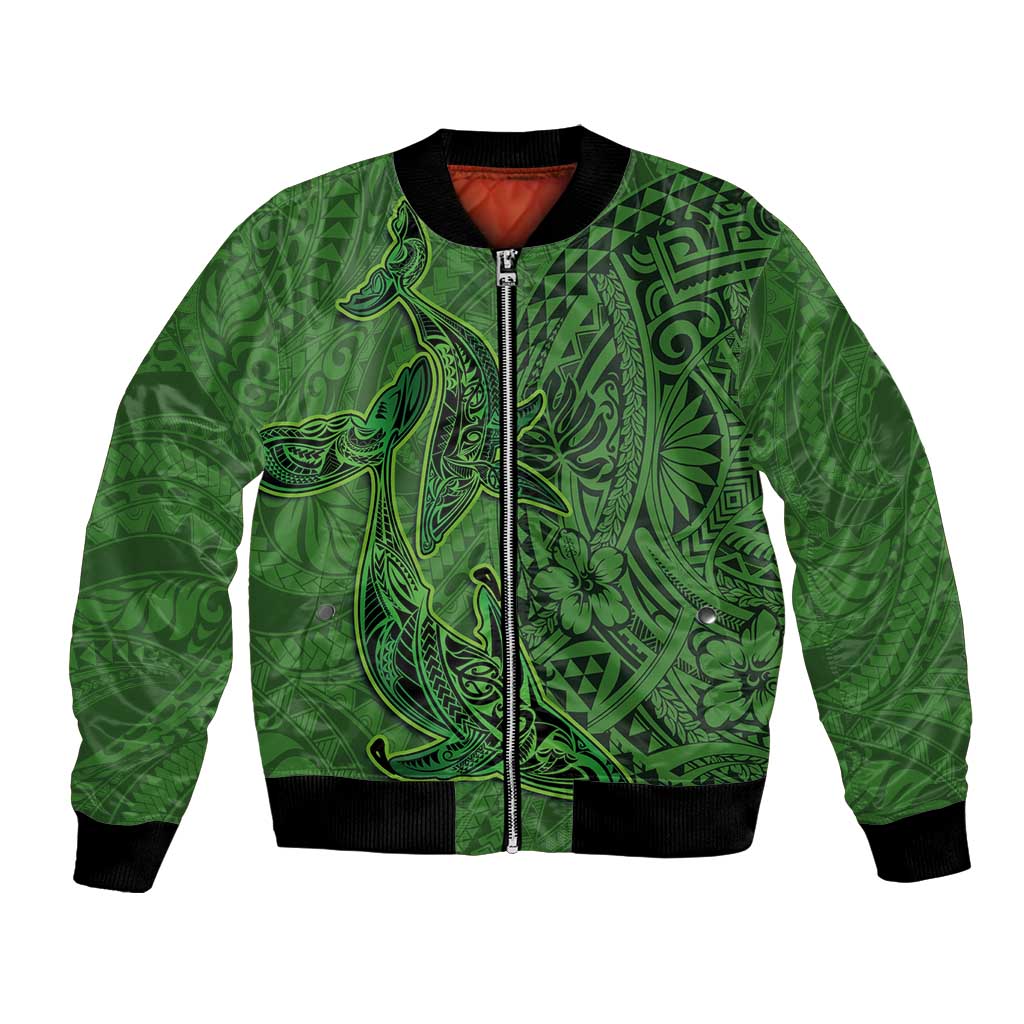 Hawaiian Whales Polynesian Art Motifs Bomber Jacket Green Color - Polynesian Pride