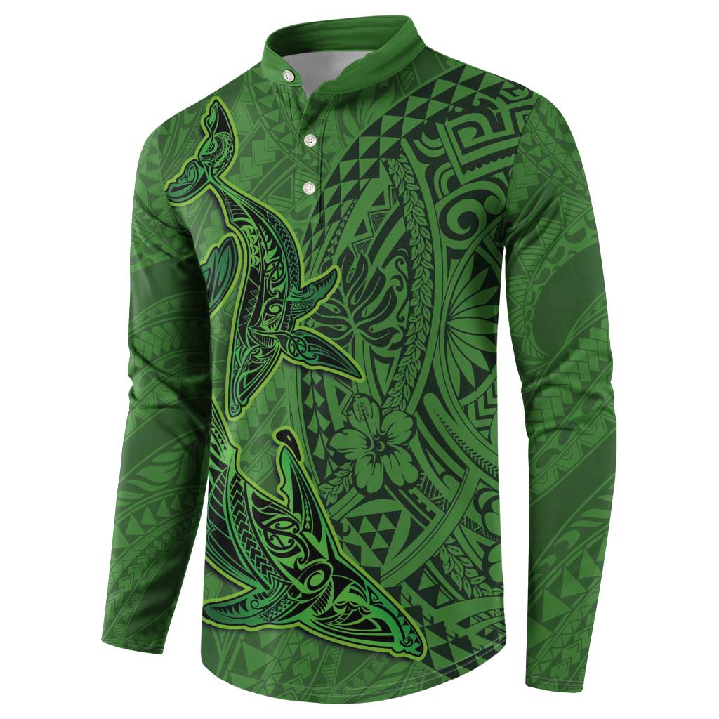 Hawaiian Whales Polynesian Art Motifs Button Sweatshirt Green Color - Polynesian Pride