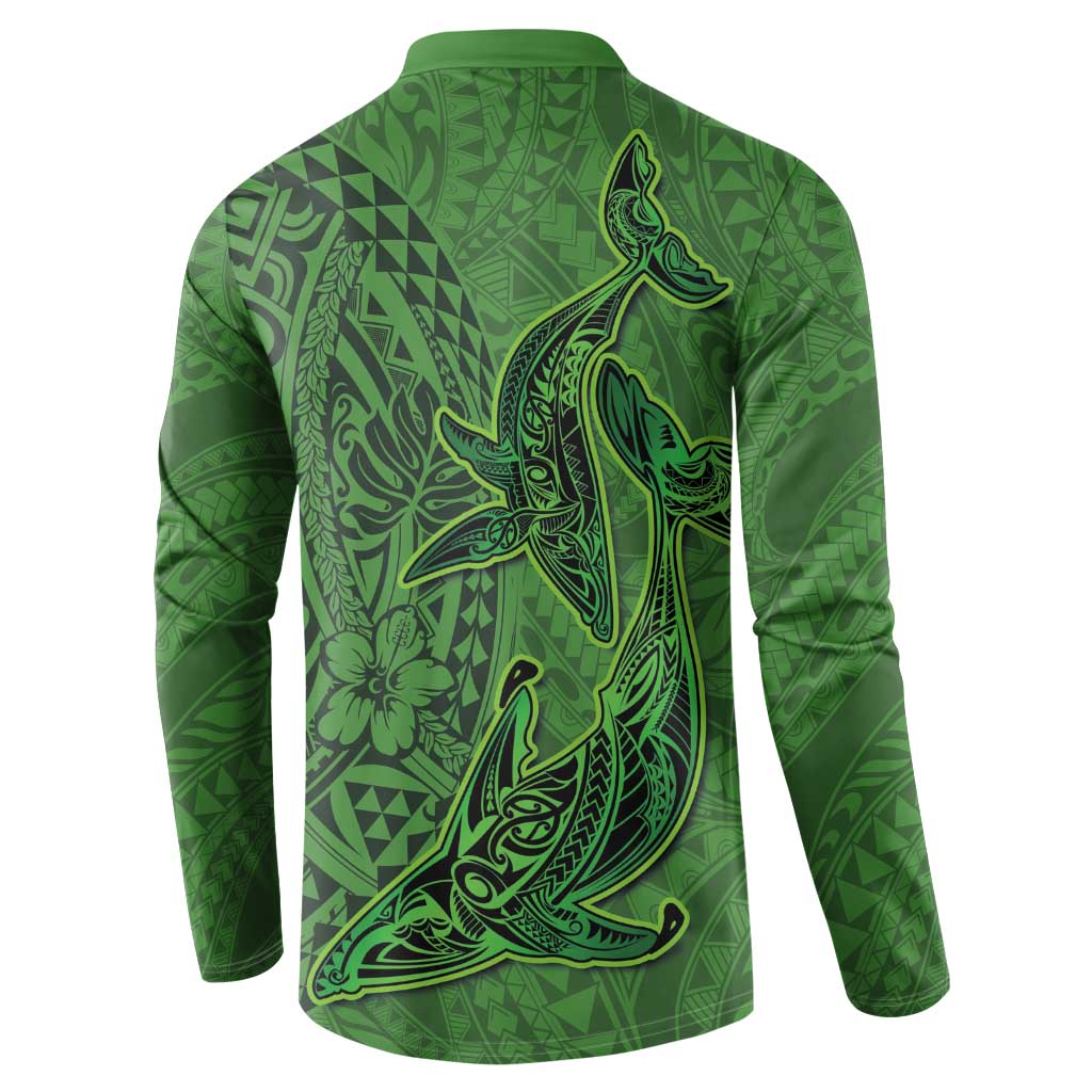Hawaiian Whales Polynesian Art Motifs Button Sweatshirt Green Color - Polynesian Pride