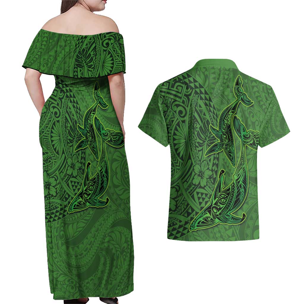 Hawaiian Whales Polynesian Art Motifs Couples Matching Off Shoulder Maxi Dress and Hawaiian Shirt Green Color - Polynesian Pride