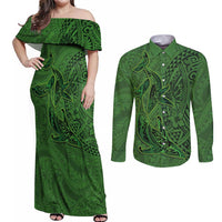 Hawaiian Whales Polynesian Art Motifs Couples Matching Off Shoulder Maxi Dress and Long Sleeve Button Shirt Green Color - Polynesian Pride