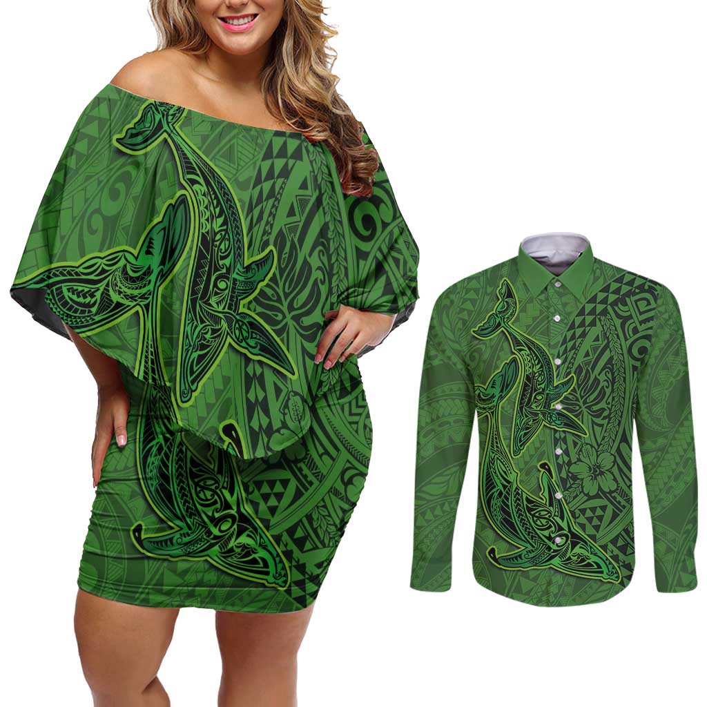 Hawaiian Whales Polynesian Art Motifs Couples Matching Off Shoulder Short Dress and Long Sleeve Button Shirt Green Color - Polynesian Pride
