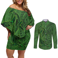 Hawaiian Whales Polynesian Art Motifs Couples Matching Off Shoulder Short Dress and Long Sleeve Button Shirt Green Color - Polynesian Pride
