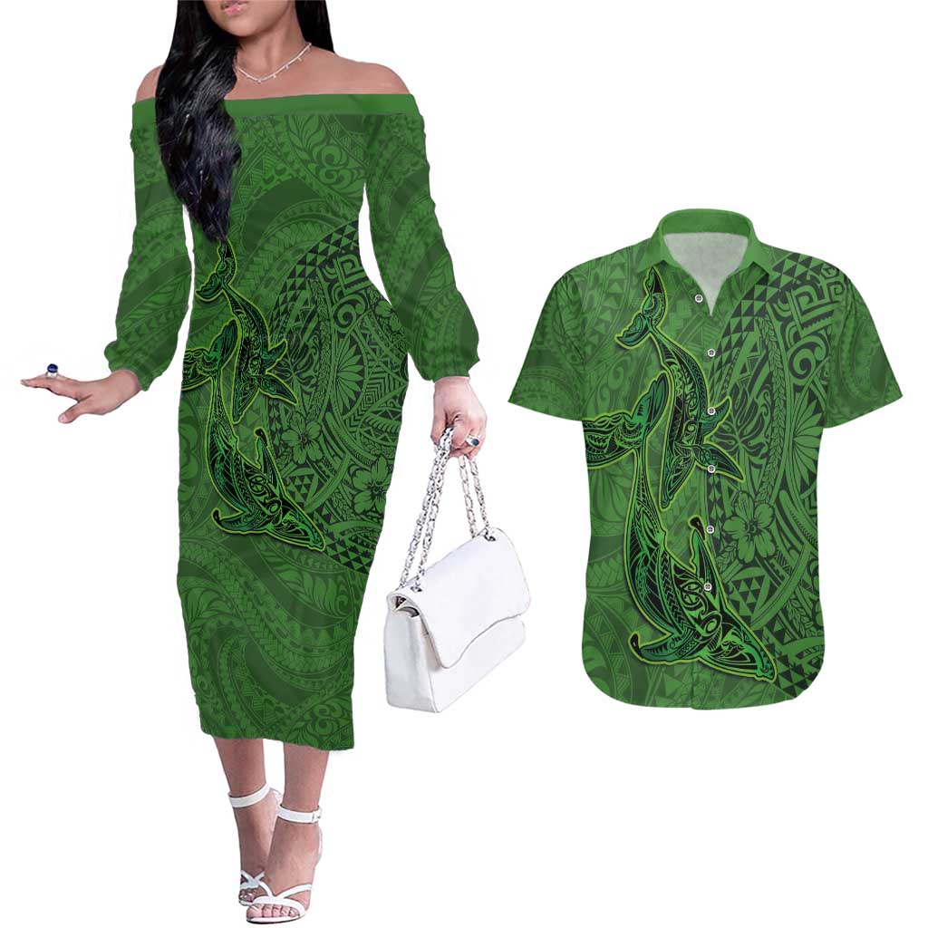 Hawaiian Whales Polynesian Art Motifs Couples Matching Off The Shoulder Long Sleeve Dress and Hawaiian Shirt Green Color - Polynesian Pride
