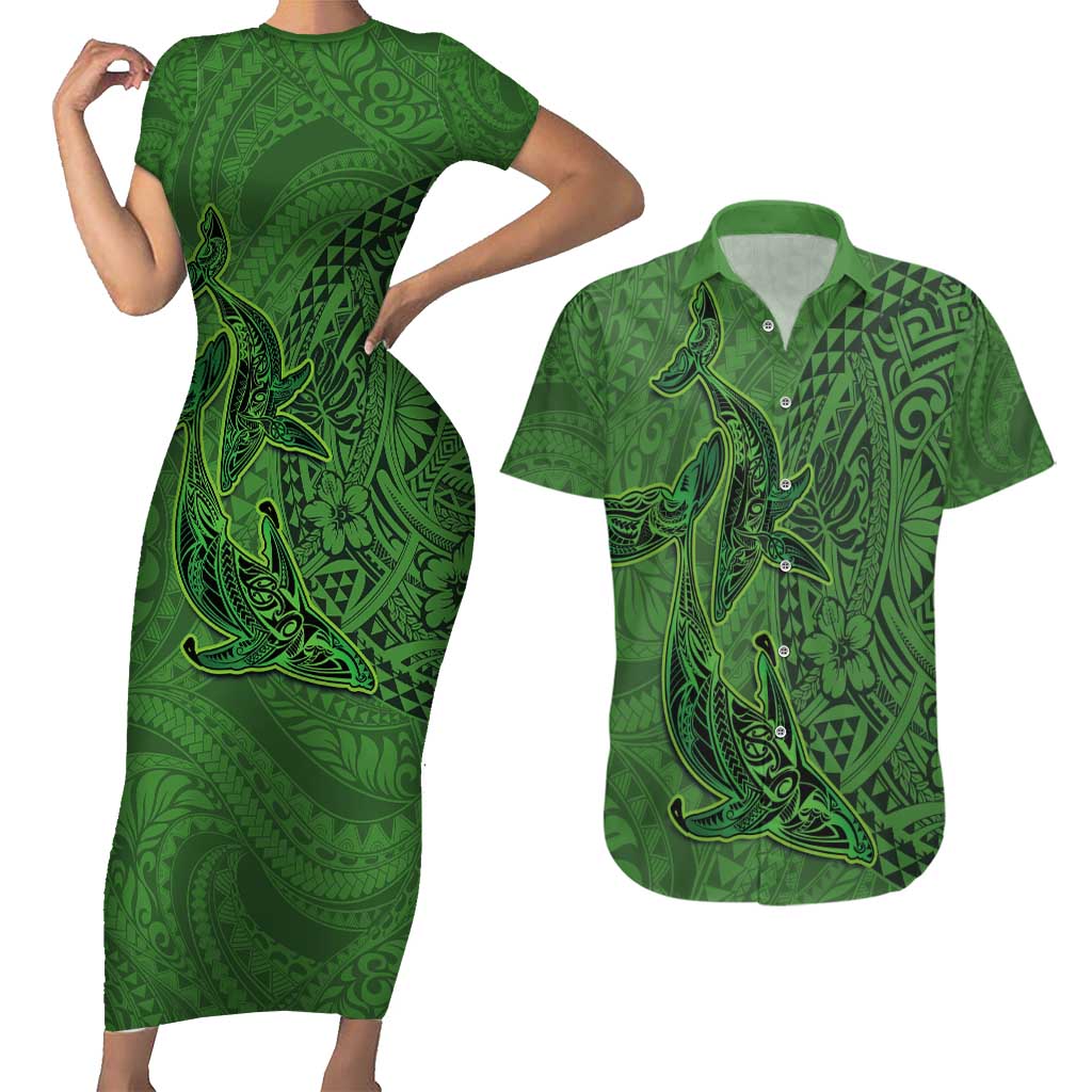 Hawaiian Whales Polynesian Art Motifs Couples Matching Short Sleeve Bodycon Dress and Hawaiian Shirt Green Color - Polynesian Pride