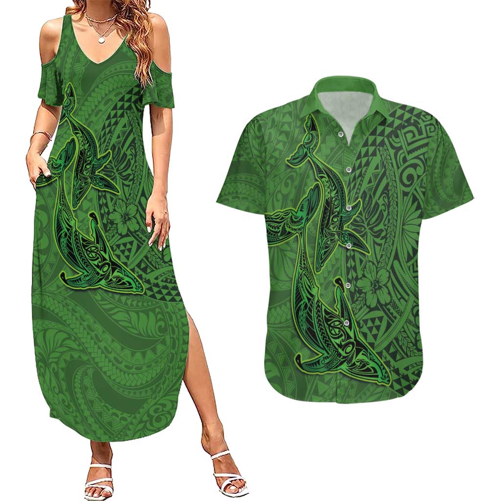 Hawaiian Whales Polynesian Art Motifs Couples Matching Summer Maxi Dress and Hawaiian Shirt Green Color - Polynesian Pride