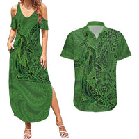 Hawaiian Whales Polynesian Art Motifs Couples Matching Summer Maxi Dress and Hawaiian Shirt Green Color - Polynesian Pride