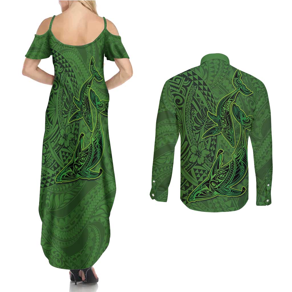 Hawaiian Whales Polynesian Art Motifs Couples Matching Summer Maxi Dress and Long Sleeve Button Shirt Green Color - Polynesian Pride