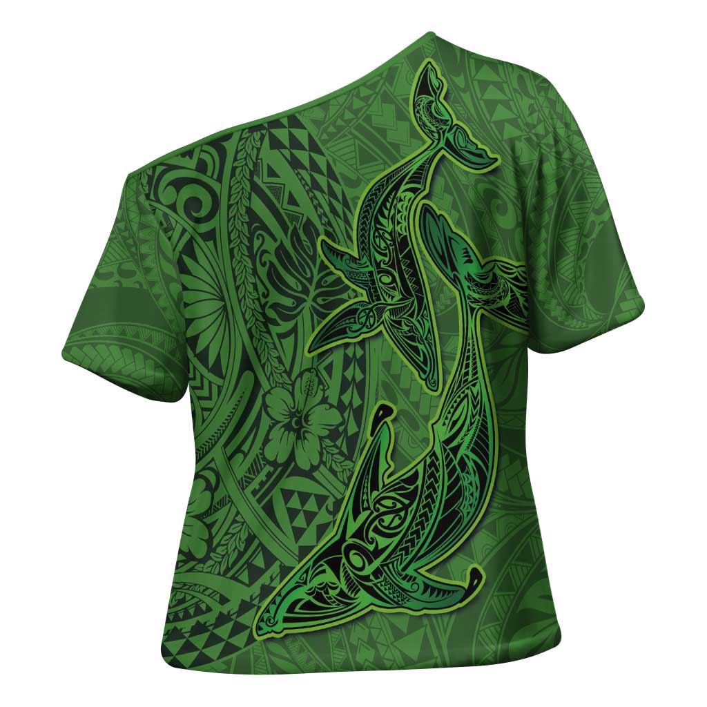 Hawaiian Whales Polynesian Art Motifs Cross Shoulder Shirt Green Color - Polynesian Pride