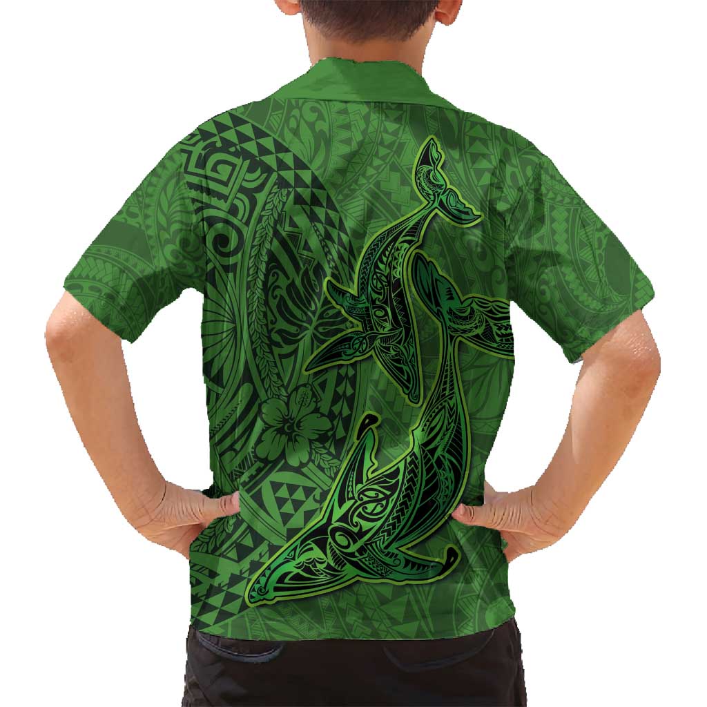 Hawaiian Whales Polynesian Art Motifs Family Matching Long Sleeve Bodycon Dress and Hawaiian Shirt Green Color - Polynesian Pride
