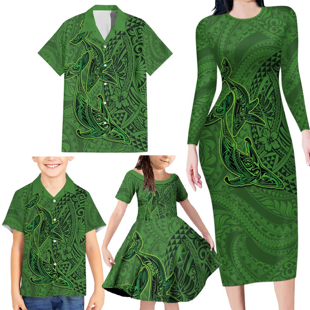 Hawaiian Whales Polynesian Art Motifs Family Matching Long Sleeve Bodycon Dress and Hawaiian Shirt Green Color - Polynesian Pride
