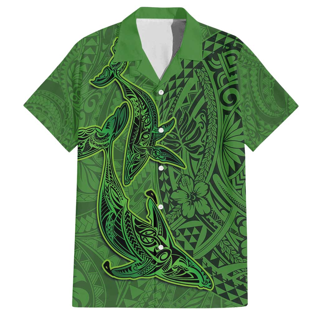 Hawaiian Whales Polynesian Art Motifs Family Matching Long Sleeve Bodycon Dress and Hawaiian Shirt Green Color - Polynesian Pride