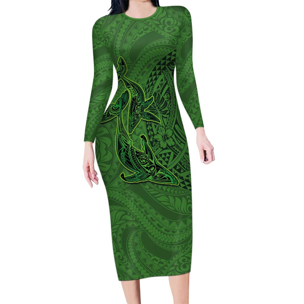 Hawaiian Whales Polynesian Art Motifs Family Matching Long Sleeve Bodycon Dress and Hawaiian Shirt Green Color - Polynesian Pride