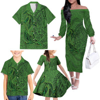Hawaiian Whales Polynesian Art Motifs Family Matching Off The Shoulder Long Sleeve Dress and Hawaiian Shirt Green Color - Polynesian Pride