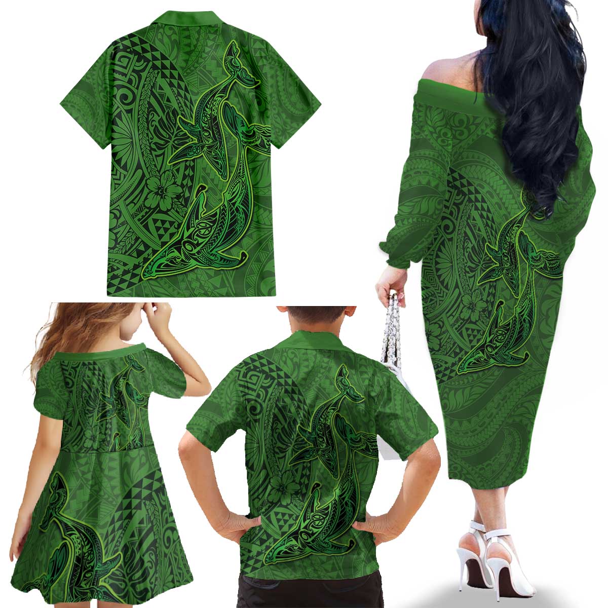 Hawaiian Whales Polynesian Art Motifs Family Matching Off The Shoulder Long Sleeve Dress and Hawaiian Shirt Green Color - Polynesian Pride