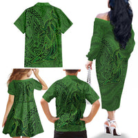 Hawaiian Whales Polynesian Art Motifs Family Matching Off The Shoulder Long Sleeve Dress and Hawaiian Shirt Green Color - Polynesian Pride