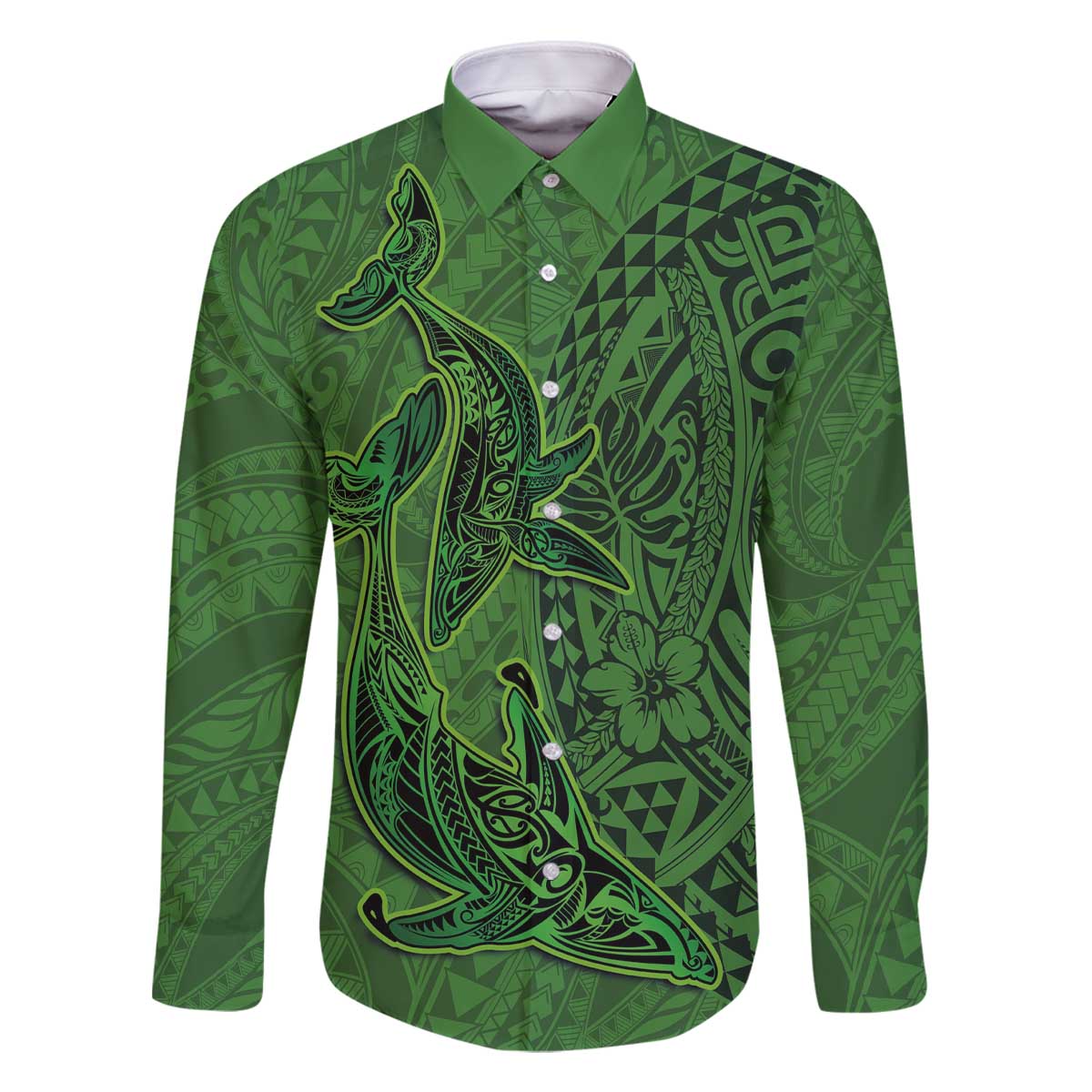Hawaiian Whales Polynesian Art Motifs Family Matching Off The Shoulder Long Sleeve Dress and Hawaiian Shirt Green Color - Polynesian Pride