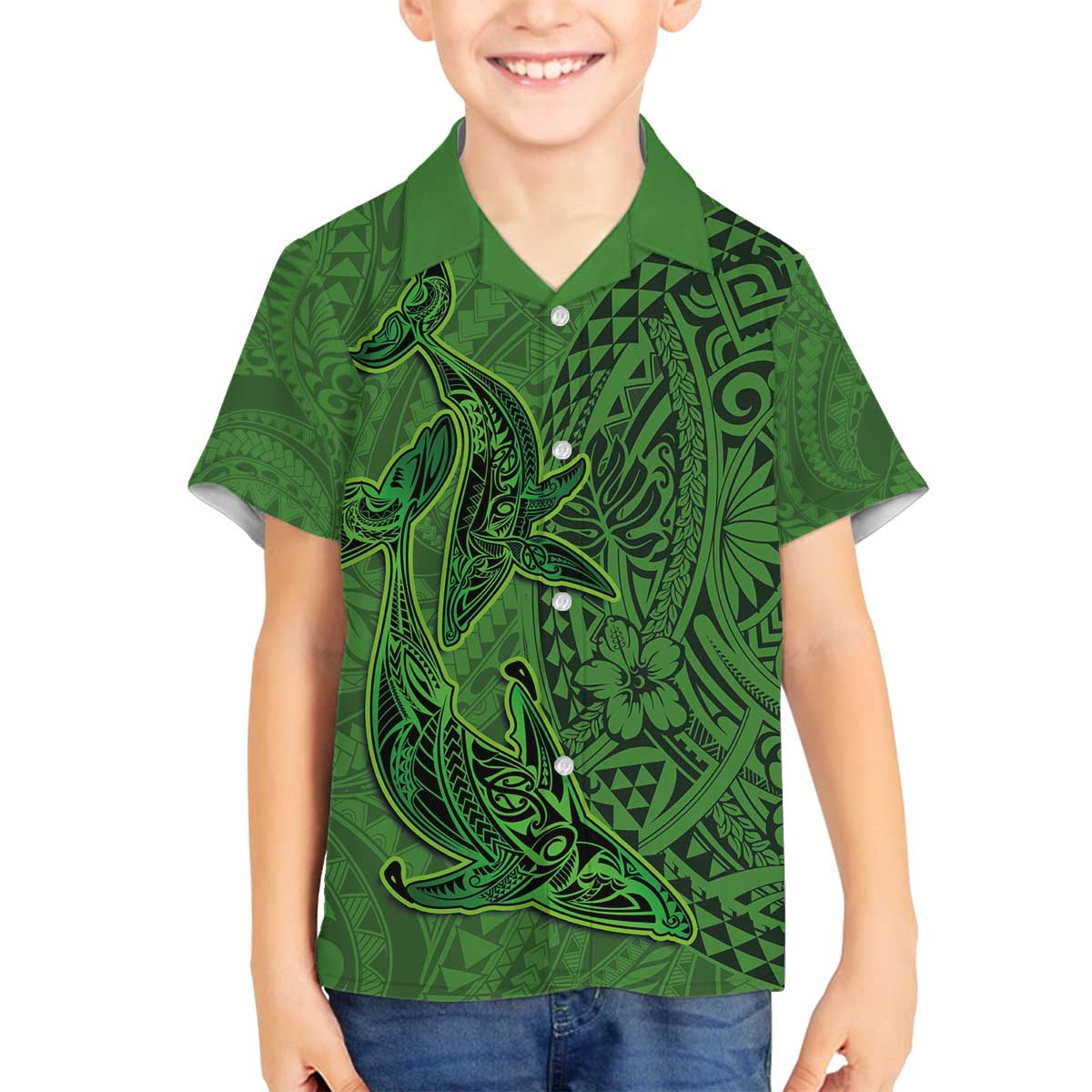 Hawaiian Whales Polynesian Art Motifs Family Matching Off The Shoulder Long Sleeve Dress and Hawaiian Shirt Green Color - Polynesian Pride