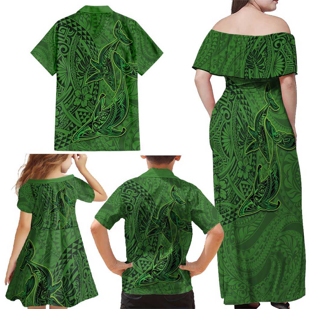 Hawaiian Whales Polynesian Art Motifs Family Matching Off Shoulder Maxi Dress and Hawaiian Shirt Green Color - Polynesian Pride