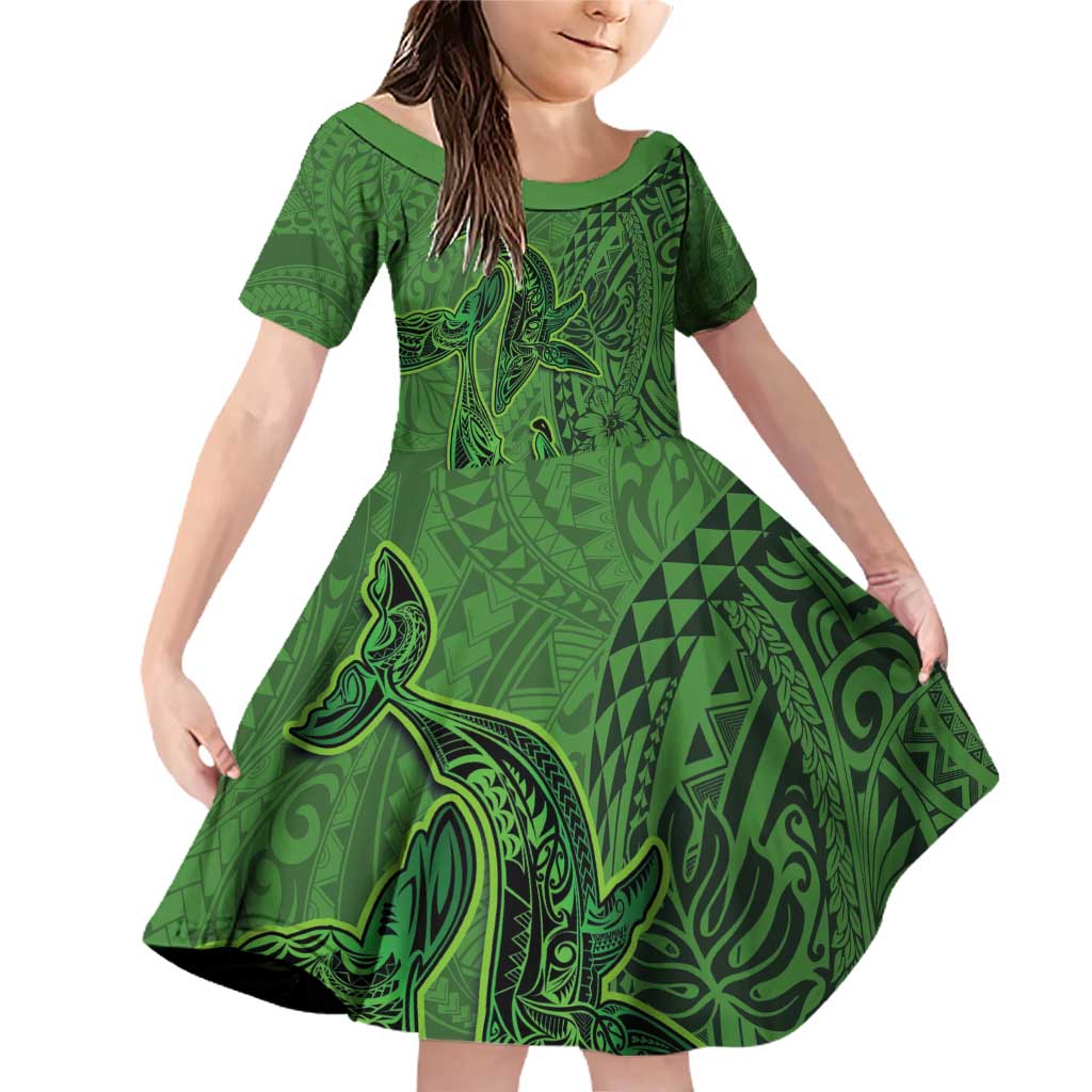 Hawaiian Whales Polynesian Art Motifs Family Matching Off Shoulder Short Dress and Hawaiian Shirt Green Color - Polynesian Pride