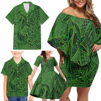 Hawaiian Whales Polynesian Art Motifs Family Matching Off Shoulder Short Dress and Hawaiian Shirt Green Color - Polynesian Pride