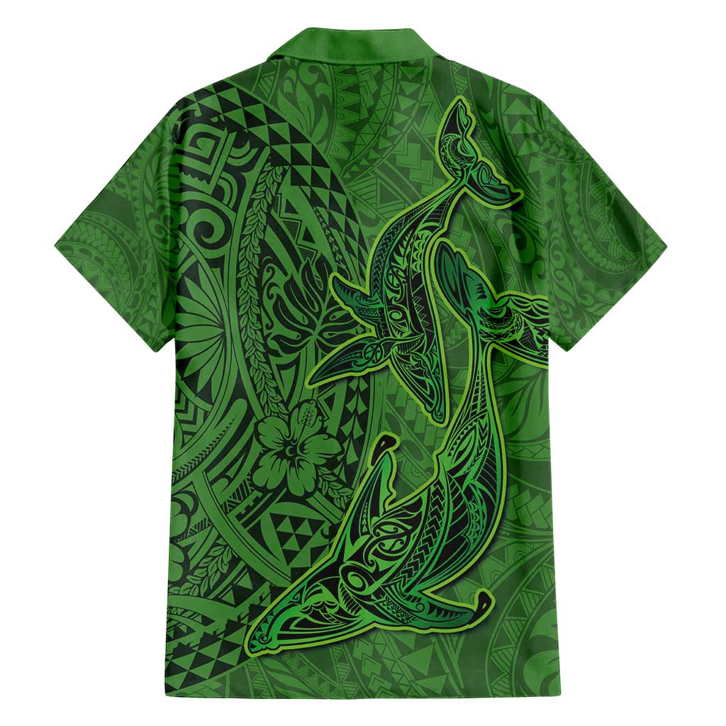 Hawaiian Whales Polynesian Art Motifs Family Matching Off Shoulder Short Dress and Hawaiian Shirt Green Color - Polynesian Pride