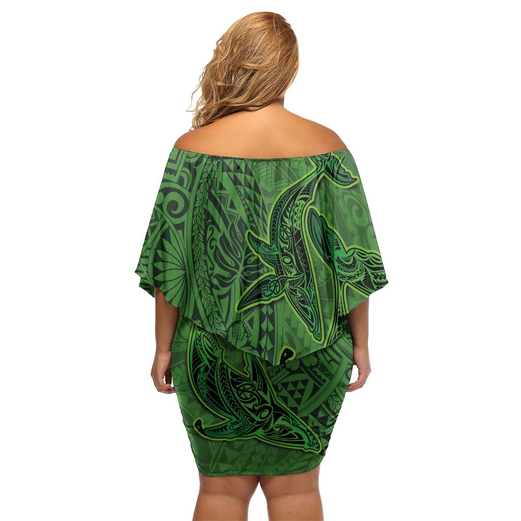 Hawaiian Whales Polynesian Art Motifs Family Matching Off Shoulder Short Dress and Hawaiian Shirt Green Color - Polynesian Pride
