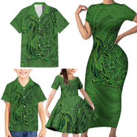 Hawaiian Whales Polynesian Art Motifs Family Matching Short Sleeve Bodycon Dress and Hawaiian Shirt Green Color - Polynesian Pride
