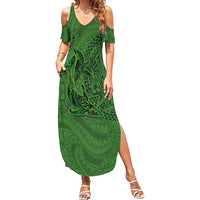Hawaiian Whales Polynesian Art Motifs Family Matching Summer Maxi Dress and Hawaiian Shirt Green Color - Polynesian Pride