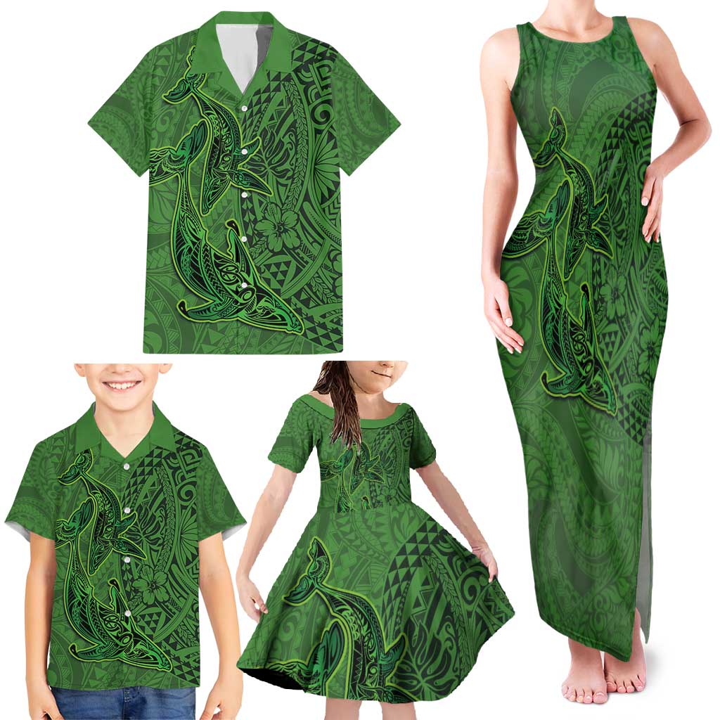 Hawaiian Whales Polynesian Art Motifs Family Matching Tank Maxi Dress and Hawaiian Shirt Green Color - Polynesian Pride