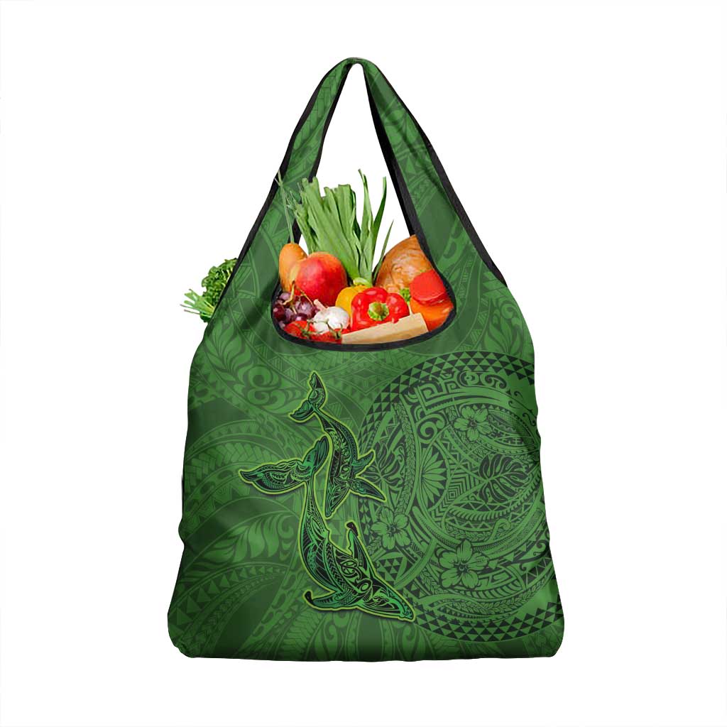 Hawaiian Whales Polynesian Art Motifs Grocery Bag Green Color - Polynesian Pride