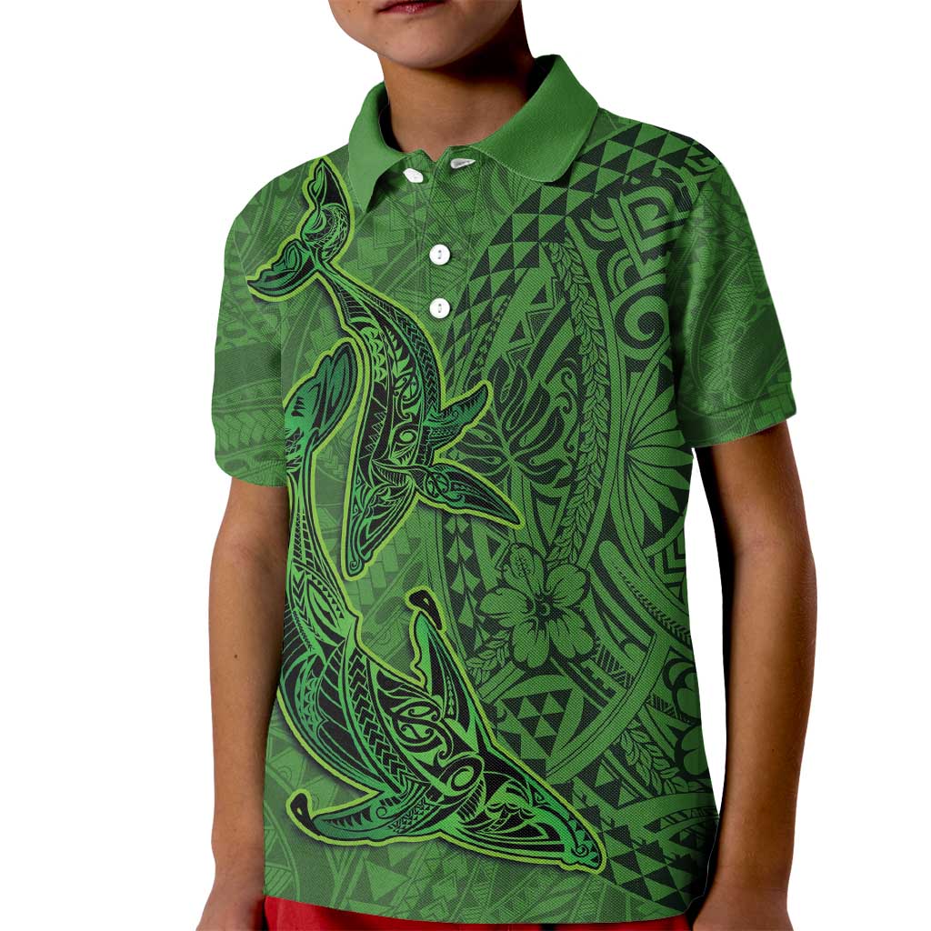 Hawaiian Whales Polynesian Art Motifs Kid Polo Shirt Green Color - Polynesian Pride