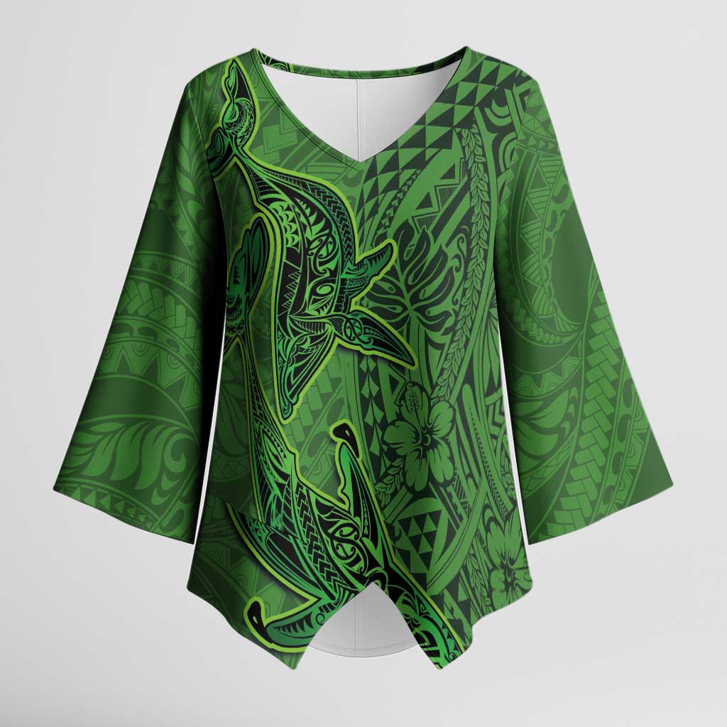 Hawaiian Whales Polynesian Art Motifs Kimono Sleeve Blouse Green Color - Polynesian Pride