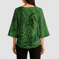 Hawaiian Whales Polynesian Art Motifs Kimono Sleeve Blouse Green Color - Polynesian Pride