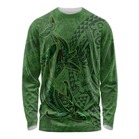 Hawaiian Whales Polynesian Art Motifs Long Sleeve Shirt Green Color - Polynesian Pride