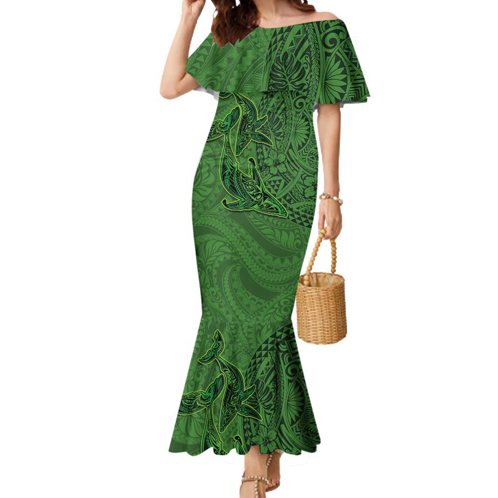 Hawaiian Whales Polynesian Art Motifs Mermaid Dress Green Color - Polynesian Pride